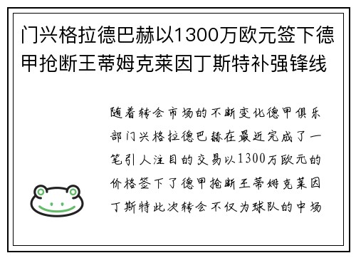 门兴格拉德巴赫以1300万欧元签下德甲抢断王蒂姆克莱因丁斯特补强锋线